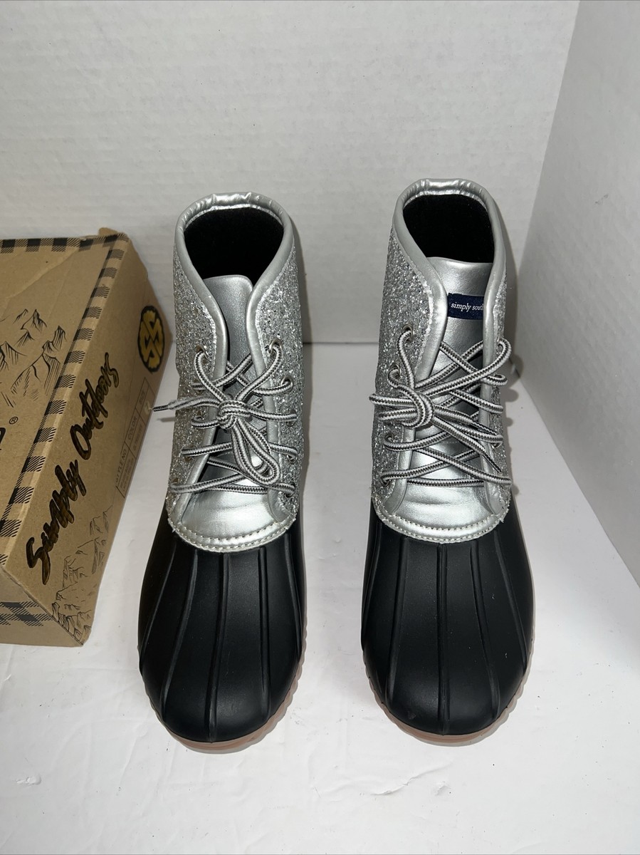 SIMPLY SOUTHERN Size 7 Silver Glitter Lace Up Rain Snow Duck Boots