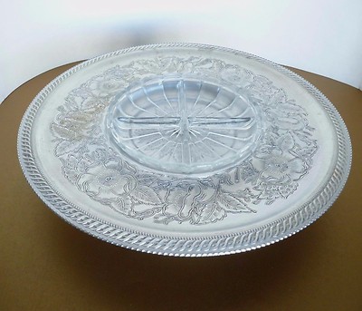 VTG Wilson Specialties Metal Lazy Susan Pedestal Platter w Glass Divided Dish
