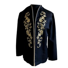 Elizabeth Williams Womens Open Front Floral Embroidered Gold Trim Jacket Sz 14