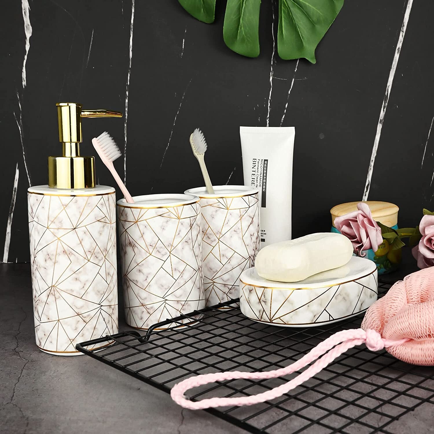 Bathroom Accessories Set, (4Pcs) Gold Marble Pattern Ceramic Bathroom