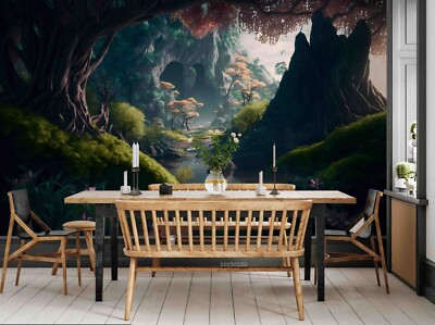 3D Forest Magic River Tree Self-adhesive Removeable Wallpaper Wall Mural1
