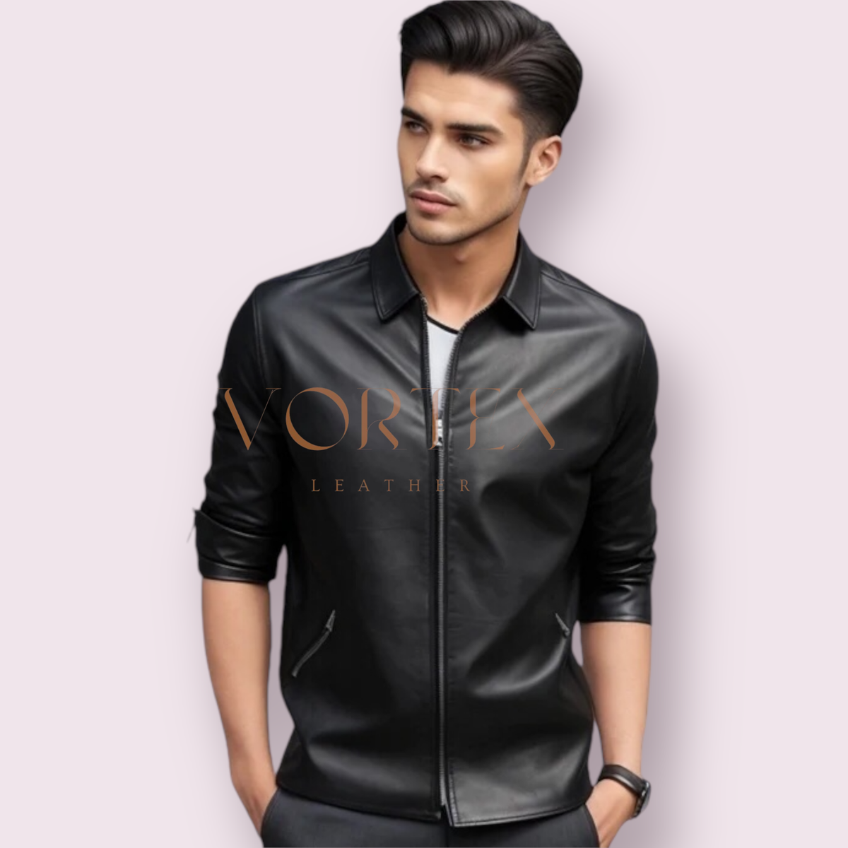 Men's Zipper Style Leather Shirt Slim fit Biker Genuine Lambskin