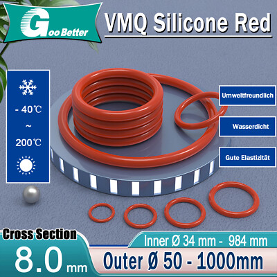 Red Silicone Rubber O Rings Metric Food Grade Cross Section 8mm, ID 34mm - 984mm