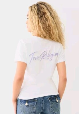 True Religion Sequin Logo Accent V Neck T Shirt Womens Size S NWT 206604