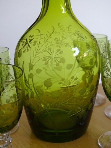 SAINT LOUIS ANCIEN SERVICE A LIQUEUR CRISTAL VERT GRAVURE FLORALE ART NOUVEAU - Picture 5 of 13