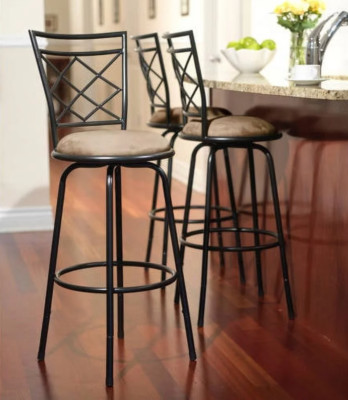 Set of 3 Adjustable Swivel Bar Stools Cushioned Seats Black Taburetes de Barra