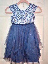 Jona Michelle Girls Dress Formal Sz 5 Navy Blue Leaves Glitter Holiday Tulle Bow