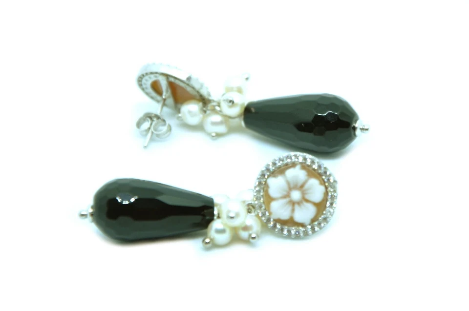 ORECCHINI ONICE E CAMMEO CON PERLE E ZIRCONI ARGENTO 925 RODIATO TORRE DEL GRECO - Immagine 2 di 2