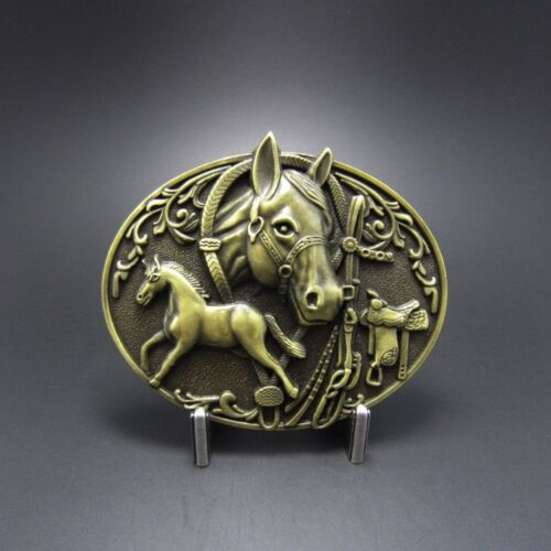 Boucle de ceinture ovale antique plaquée bronze chevaux fer à cheval western cowboy - Photo 1 sur 2