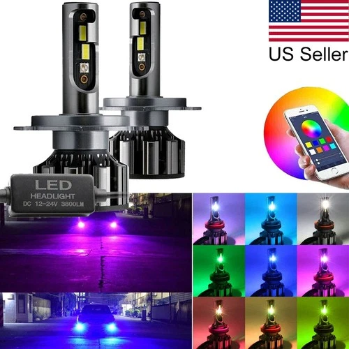 2x H4 9003 LED RGB Changing Multicolor APP Control Headlight High Low Beam Bulbs - Picture 1 of 9