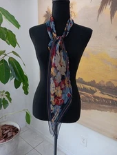 Cacharel Scarf, Head Wrap, Ponytail Tie Navy With Blue Yellow Wine Floral 74x10