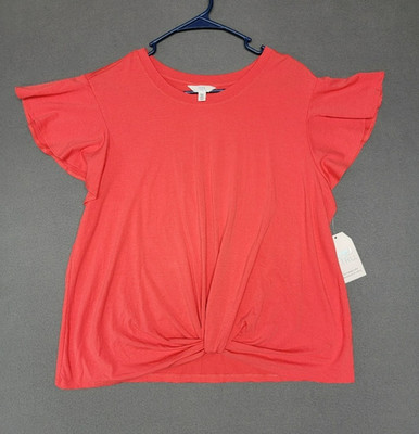 NWT ~TIME AND TRU~ Woman's XXL(20)Coral Twist Knot Front Tee Cap Sleeve Stretch