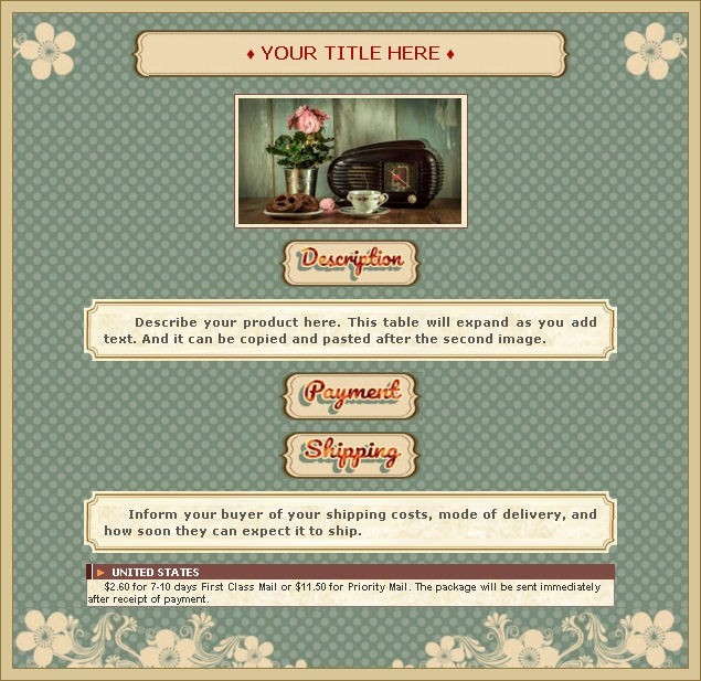 AUCTION TEMPLATE Vintage Dots Floral Aqua Design - FREE SHIPPING