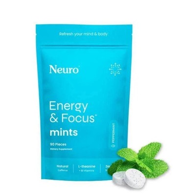 New Neuro Mints Energy and Focus 90 Pieces Peppermint Natural Caffeine Exp. 2/28