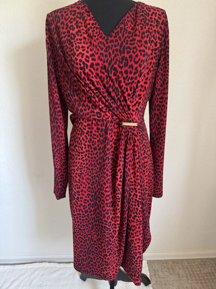 michael kors red leopard dress $325 Michael Kors Women's Red Leopard Corded Lace A Line Dress Size Small