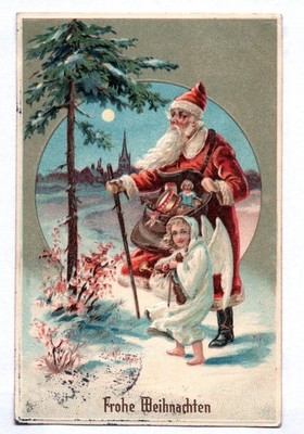 Postcard Santa Claus with Angel Merry Christmas Embossed