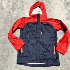 REI Jacket Kids Youth Medium 10-12 Blue Red Hooded Windbreaker Rain Nylon