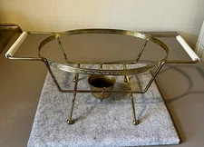 Vintage Fire King 1 1/2 Quart Casserole Candle Warmer Gold Tone Metal Stand