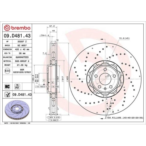 Disco freno Brembo 09.D481.43 per Audi Anteriore