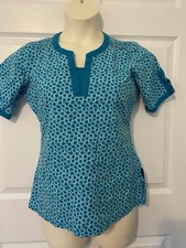Peaches Small Women  s Scrub Top Teal Dot Print Blue Cute Sleeves