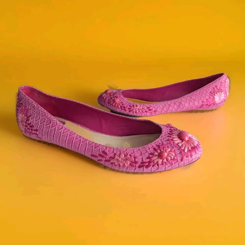Chaussures de ballerine plates en cuir de python rose Christian Dior floral raffia 9