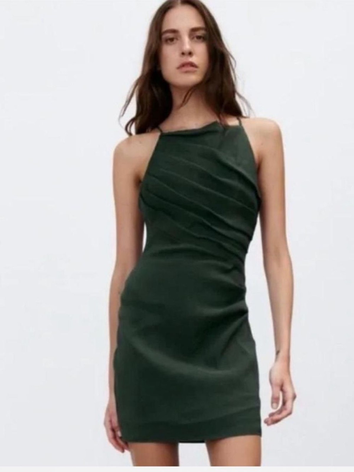 Zara bloggers fave Linen Forest Green Halter Bodycon Draped Dress Strappy Back