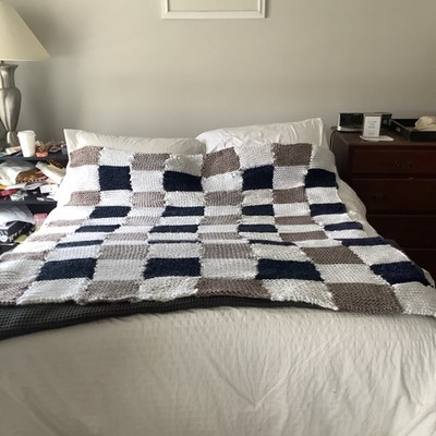 Handmade Knitted Patchwork Bed Throw White Brown Navy Blue Decorative Blanket