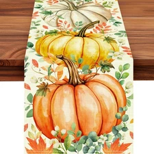 Pumpkin Eucalyptus Leaves Fall Table Runner, Autumn Thanksgiving Kitchen Tabl...