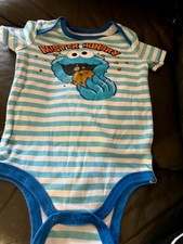 VTG Sesame Street Cookie Monster Striped Blue Bodysuit Size 18 Months 18M