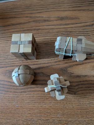 Vintage Wooden Japanese Kumiki Puzzles - Set of 4 - Ball, Cube Sphere & Elephant