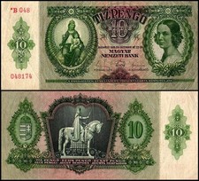 Hungary 10 Pengo 1936, Fine, P-100, Circulated, Large Center Tears