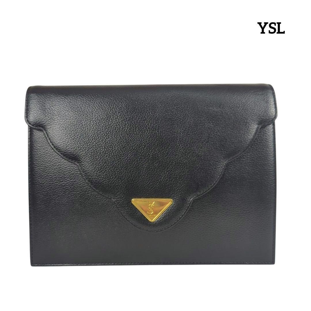 YVES SAINT LAURENT YSL Clutch Hand Bag Second Bag Leather Black Authentic