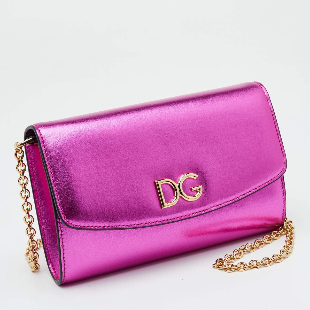 Dolce Gabbana DG Logo Flap Chain Mini Metallic Pink Leather