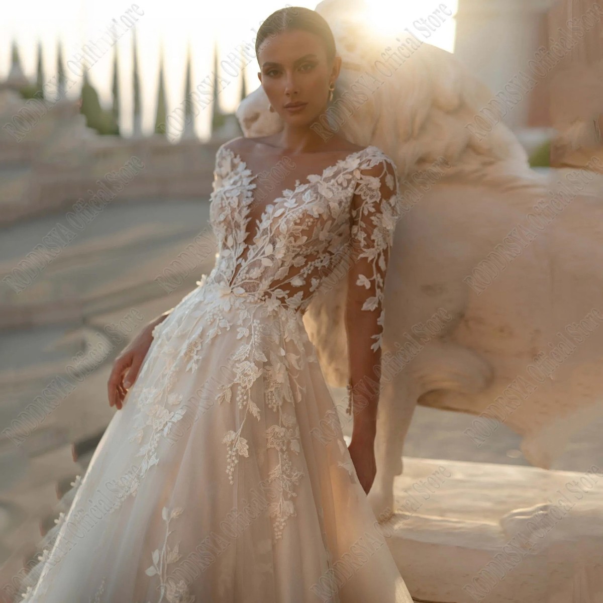 Long Sleeves Wedding Dress A Line Applique Lace Tulle Boho Bridal Sweep Train | eBay Long Sleeves Wedding Dress A Line Applique Lace Tulle Boho Bridal Sweep Train | eBay