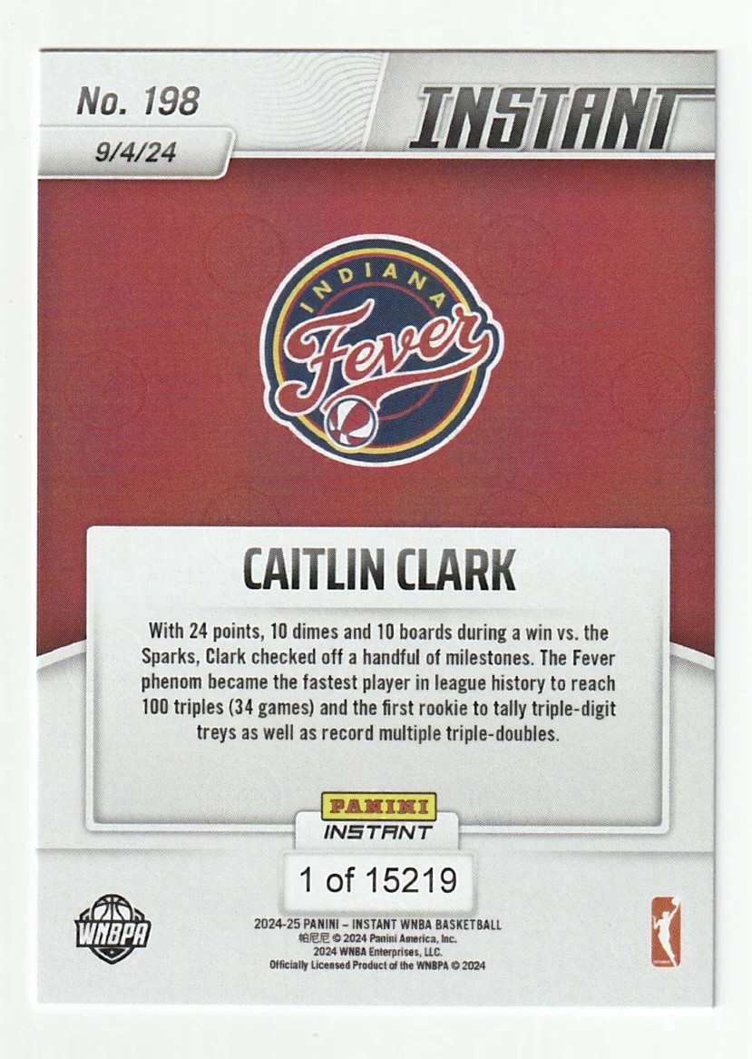 Caitlin Clark 2024 Panini Instant WNBA Milestone Rookie Card 198 RC Fever 🏀🔥 view 2