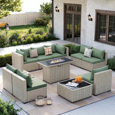 10 Pieces Patio Conversation Set with Firepit, Outdoor Sectional PE Rattan Wicke