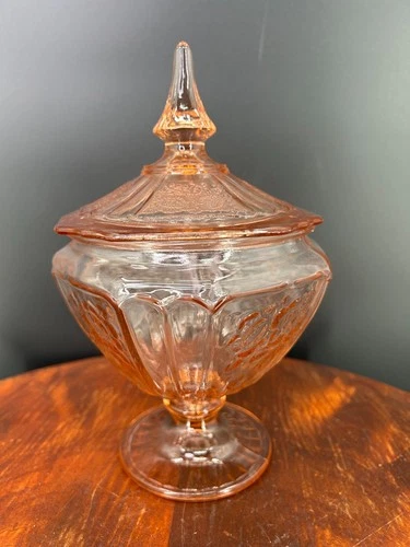Pink Depression Glass Mayfair Open Rose Footed Anchor Hocking Footed Candy Dish