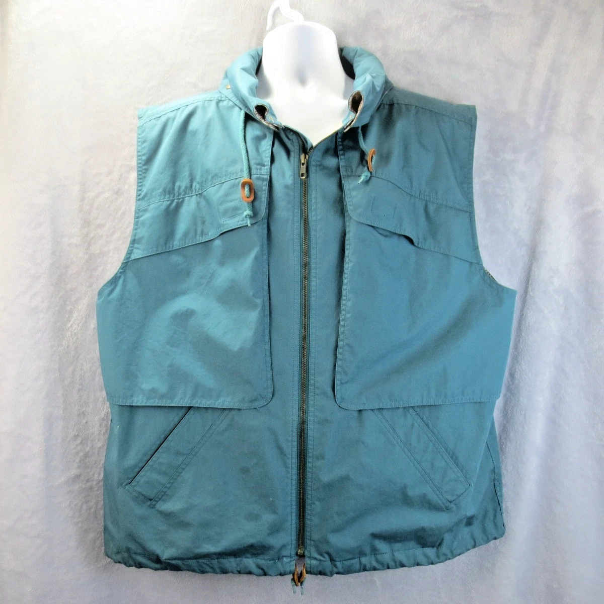 Vtg Eddie Bauer Cotton Utility Travel Vest Mens L Full Zip Blue Outdoors Hiking
