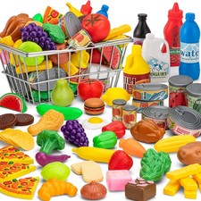 55 Pcs Grocery Pretend Play Food Set with Shopping Basket for Kids Toddlers 1...