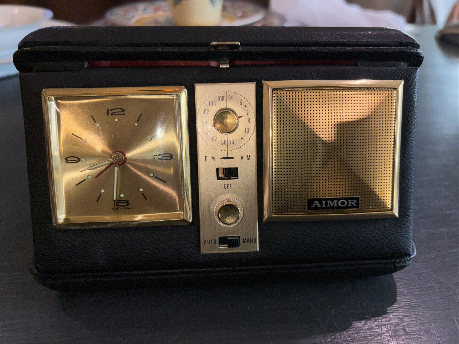 Vintage Aimor Japan No. 103 Folding Travel Alarm Clock Radio Leather Clean Works