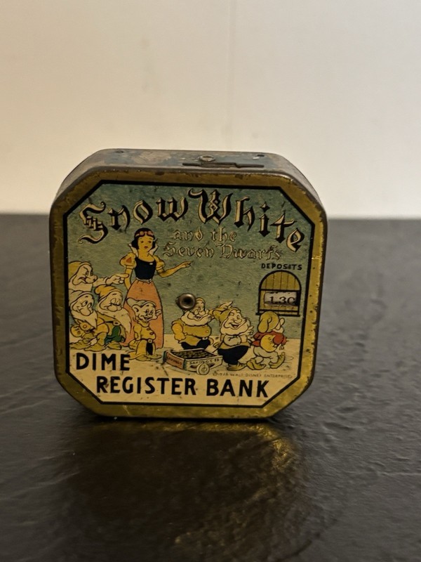 HIGH GRADE DISNEY 1938 SNOW WHITE and THE 7 DWARFS DIME REGISTER BANK-WORKING!
