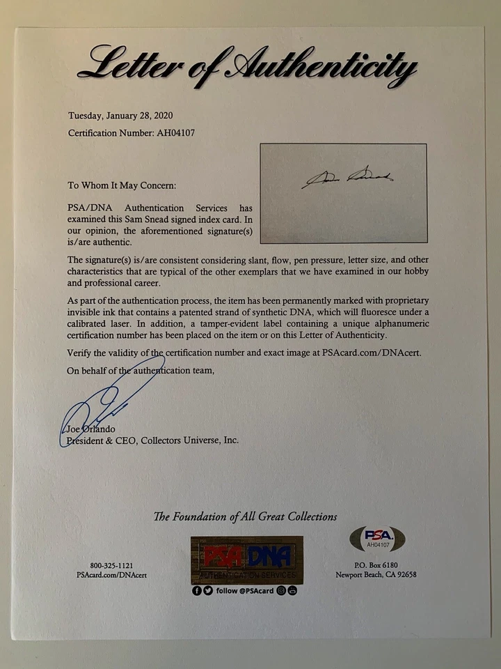 Sam Snead Golf Signed Autograph Index Card PSA DNA j2f1c - Image 3 of 3