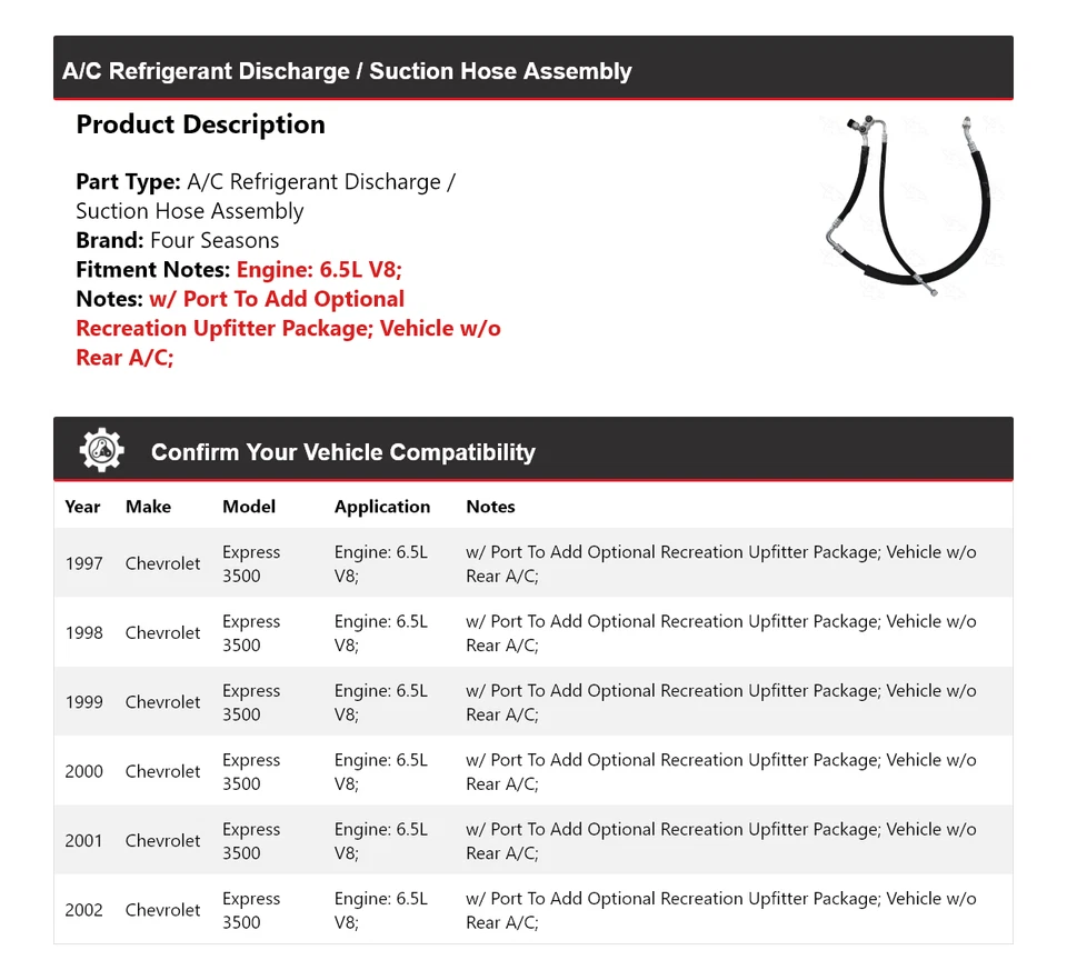 Conjunto de manguera de línea de succión de descarga para Chevrolet Express 3500 1997-02 4 mares Foto 2 de 4