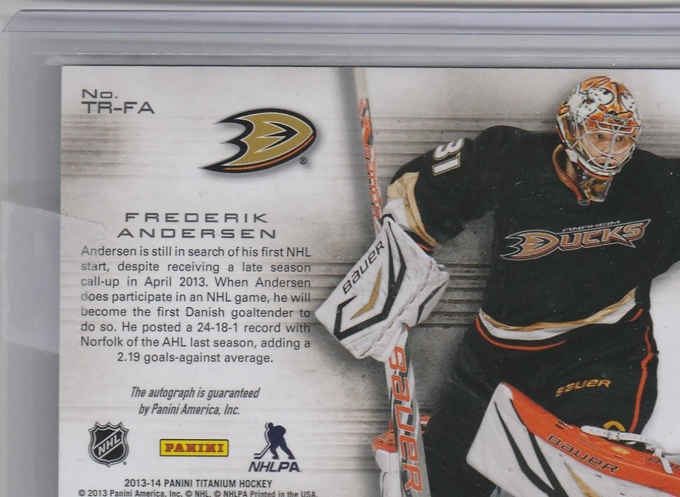 2013 14 Panini Titanium Reserve Rookie Autograph Frederik Andersen Maple Leafs - Image 2 of 2