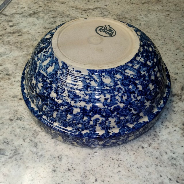 Vintage Marshall Pottery Blue Spongeware Speckled Stoneware Large