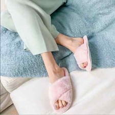 Splendid Fuzzy Slippers Light Pink Faux Fur Cross Slides Women's M/L 8-11 NWT