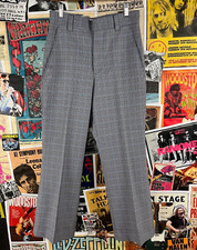 Vintage Mens 70s Light Blue Grey Flat Front Houndstooth Plaid Trouser Pant 30x27