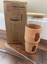 32oz Glass Tumbler Cup with Straw and Bamboo Lid Base with Protective Silicone