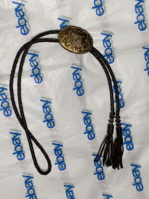 Vintage Crumrine Silver Gold Tone Letter N Initial Bolo Tie Leather Cord Western