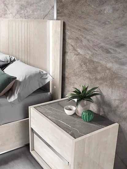 HECHO EN ITALIA 4 PIEZAS LED Queen King Dormitorio Contemporáneo Beige Brillo con Tapa de Mármol Foto 4 de 4